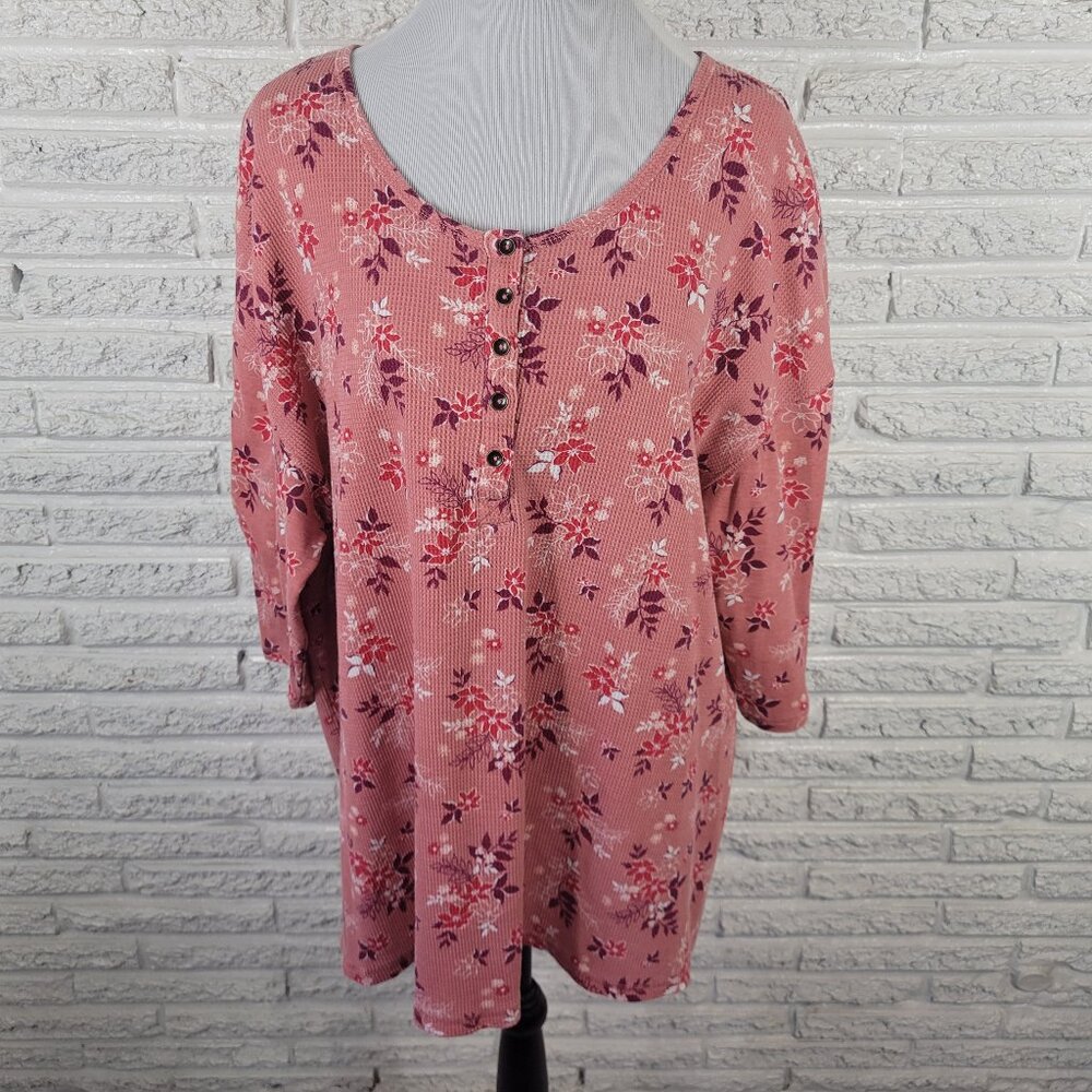 Woman Within Womens Top 1X Tunic Waffle Knit Pink Floral Buttons FLO126E